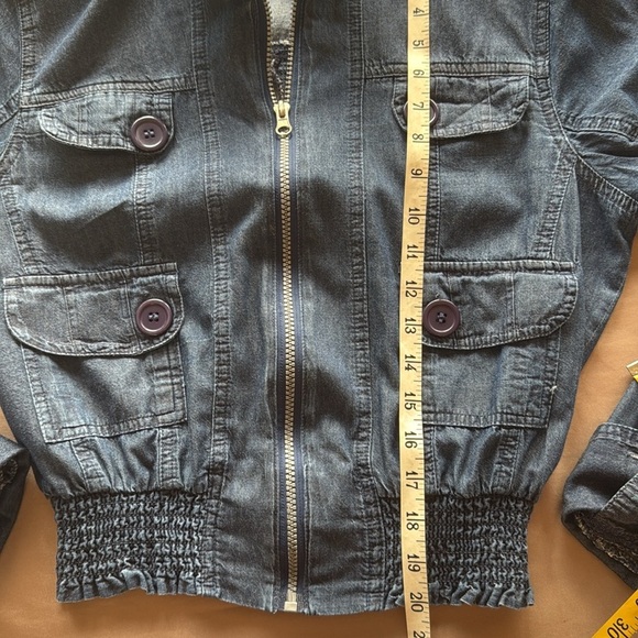 Voice NYC Chambray Denim Zip Jacket Multi Pockets Smocked Fit Waist Button Cuffs - Picture 12 of 16